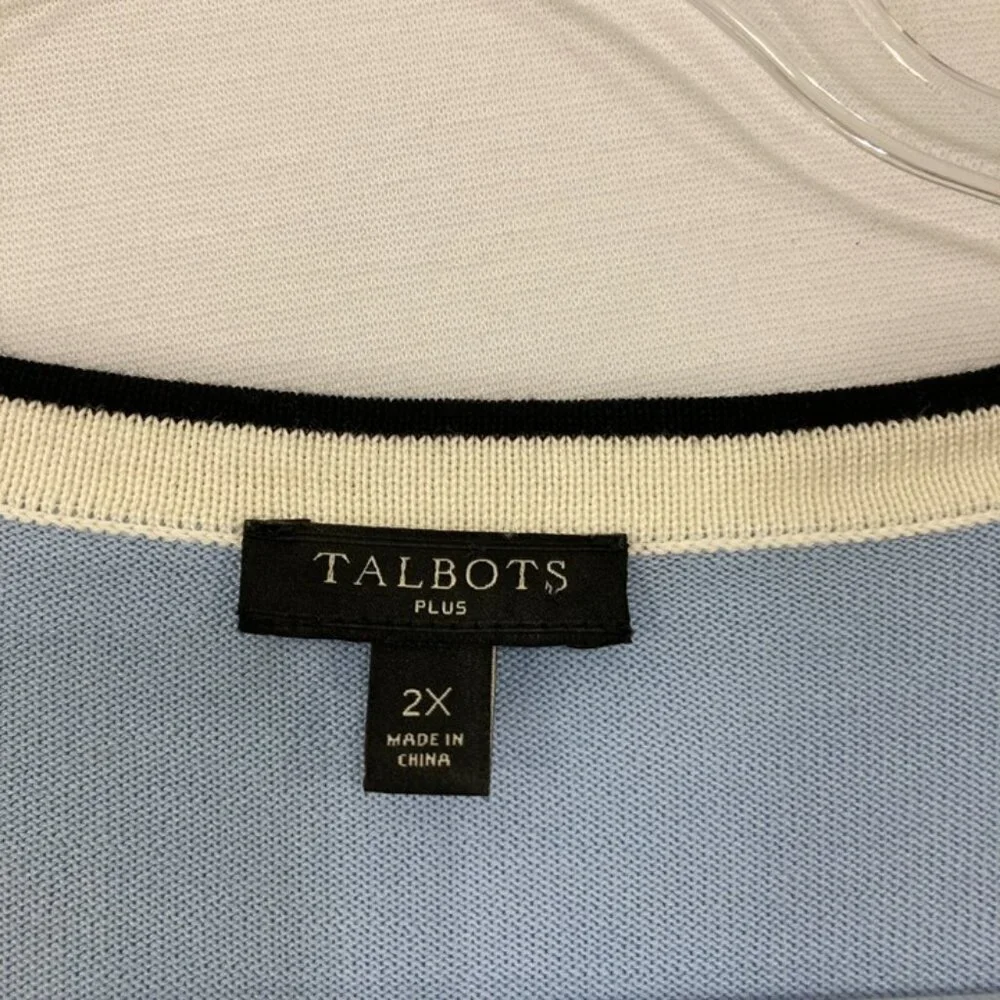 Talbots size‎ 2X Blue White Preppy 3/4 Sleeve Light Stretch Knit Button Cardigan